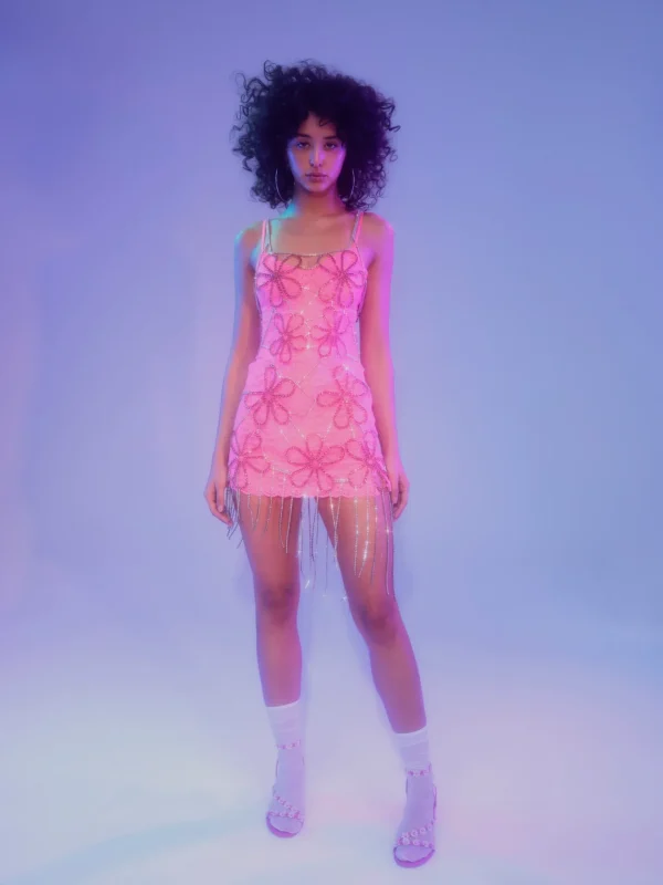 Outlet For Love & Lemons Floral Rhinestone Fringe Dress Pink