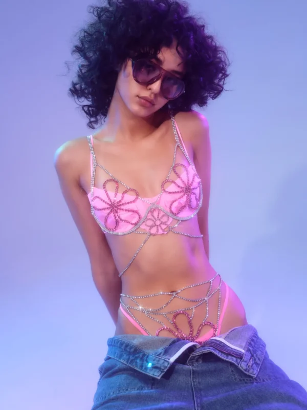 New For Love & Lemons Floral Rhinestone Panty Pink