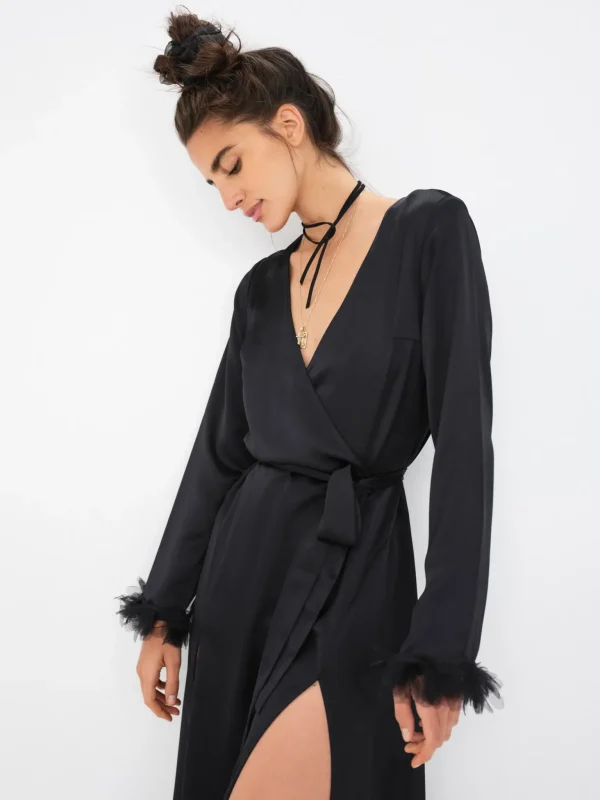 Online For Love & Lemons Floral Trim Robe Black