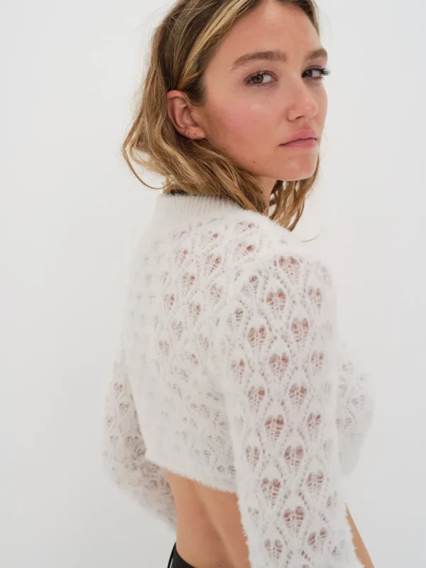 New For Love & Lemons Katana Cropped Sweater Ivory