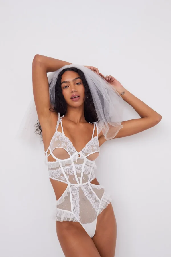 Flash Sale For Love & Lemons Lace Heart Embroidery Teddy White