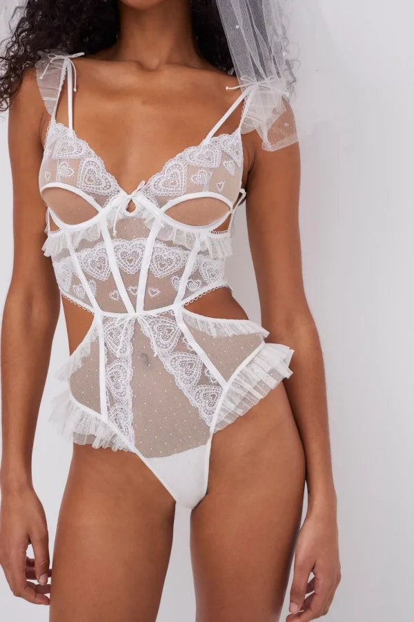 Flash Sale For Love & Lemons Lace Heart Embroidery Teddy White
