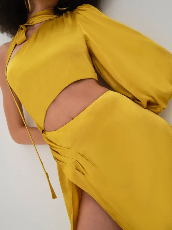 New For Love & Lemons Mila Midi Dress Gold